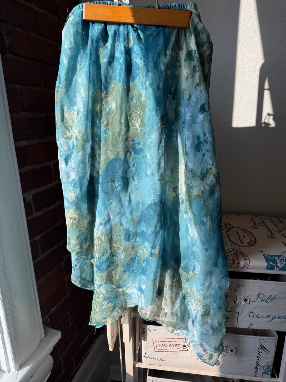 Y2K Tiered Maxi Skirt with Watercolor Print Waist